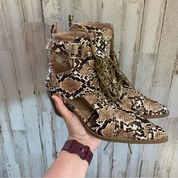 Lulus Vincient Tan Snake Print Cutout Lave-up Ankle Booties - Picture 2 of 7